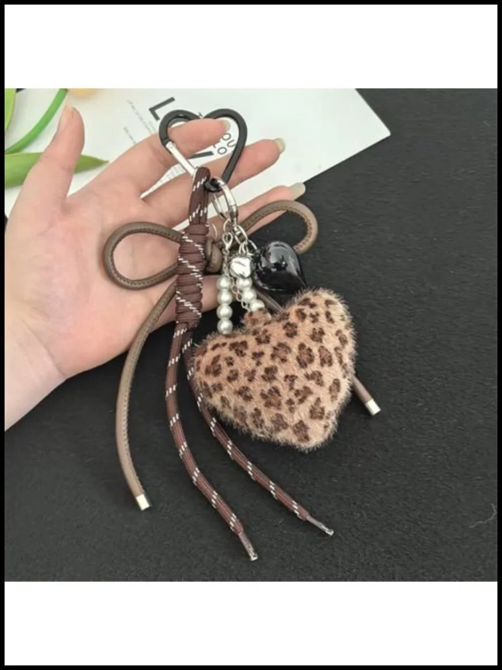 Plush Leopard Heart Keychain with Pearl Braided Rope, Cute Bag Charm for